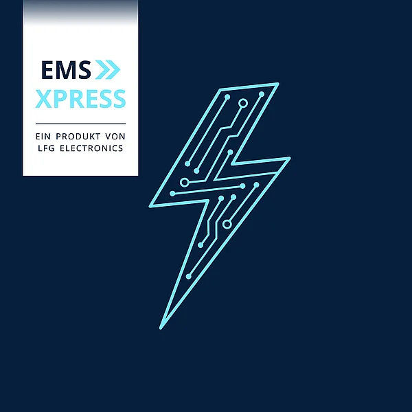 EMS XPRESS von LFG electronics mit Blitzsymbol aus Leiterbahnen
